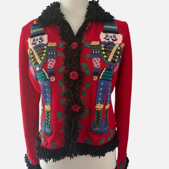 Michael Simon Womens Sz M Beaded Nutcracker Sweater Cardigan Black Fringe Trim - Picture 3 of 15